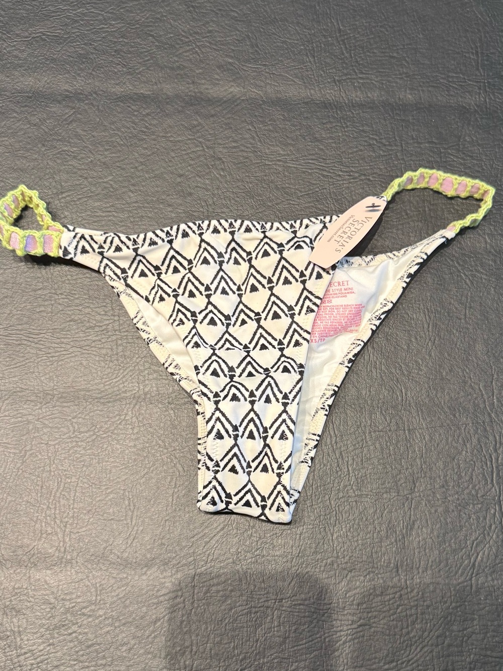 Victoria's Secret White and Black Geometric Bikini Bottom with Lime Pink Accents